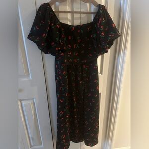 Petal & Pup Black and Red Cherry Off-Shoulder Midi Dress